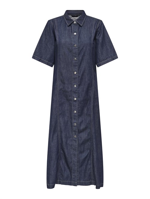 Only Runa Denim kjole med kort ærme, Midi, Mørk blå Denim